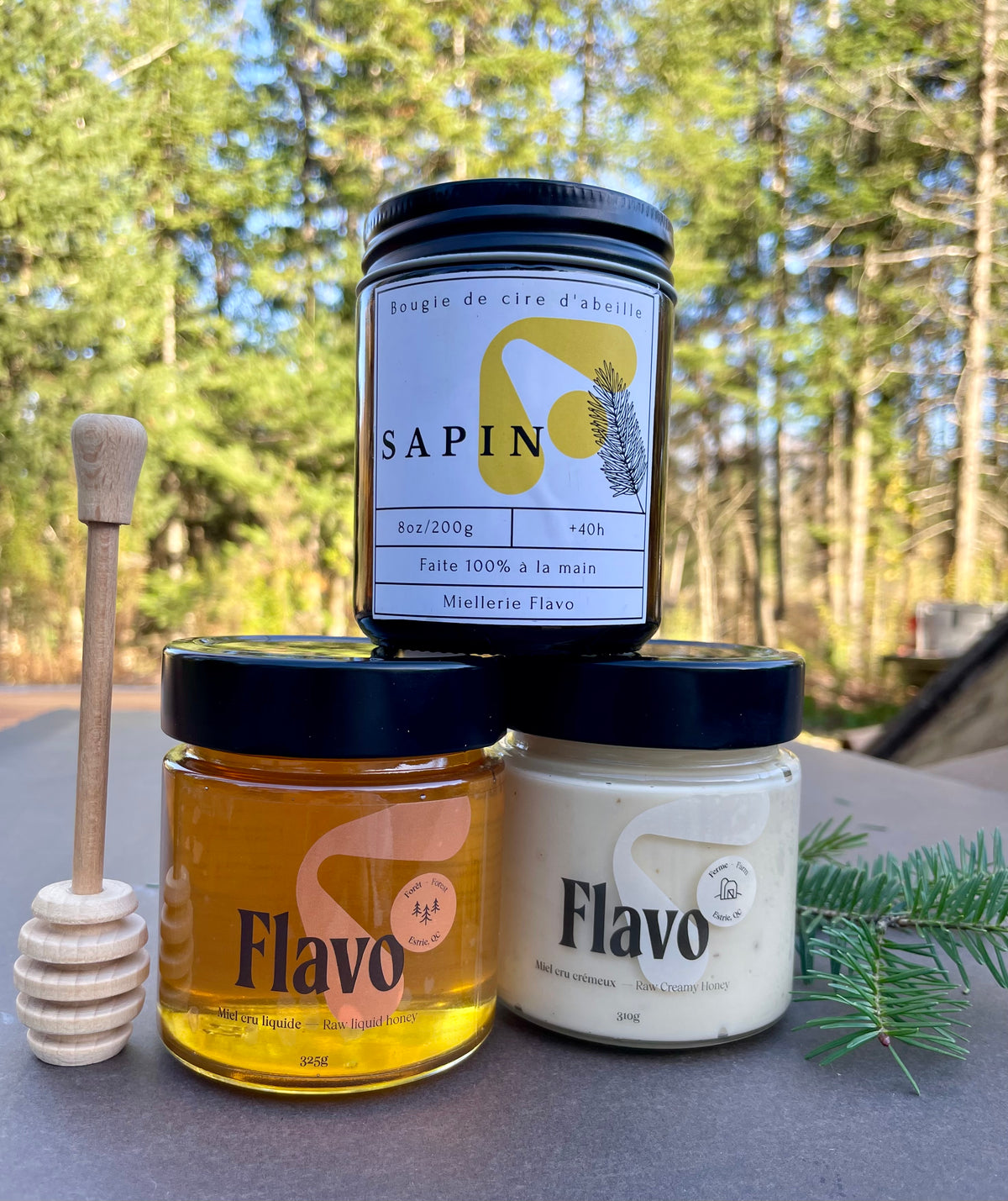Trio - miel liquide, crémeux et bougie de cire d'abeille